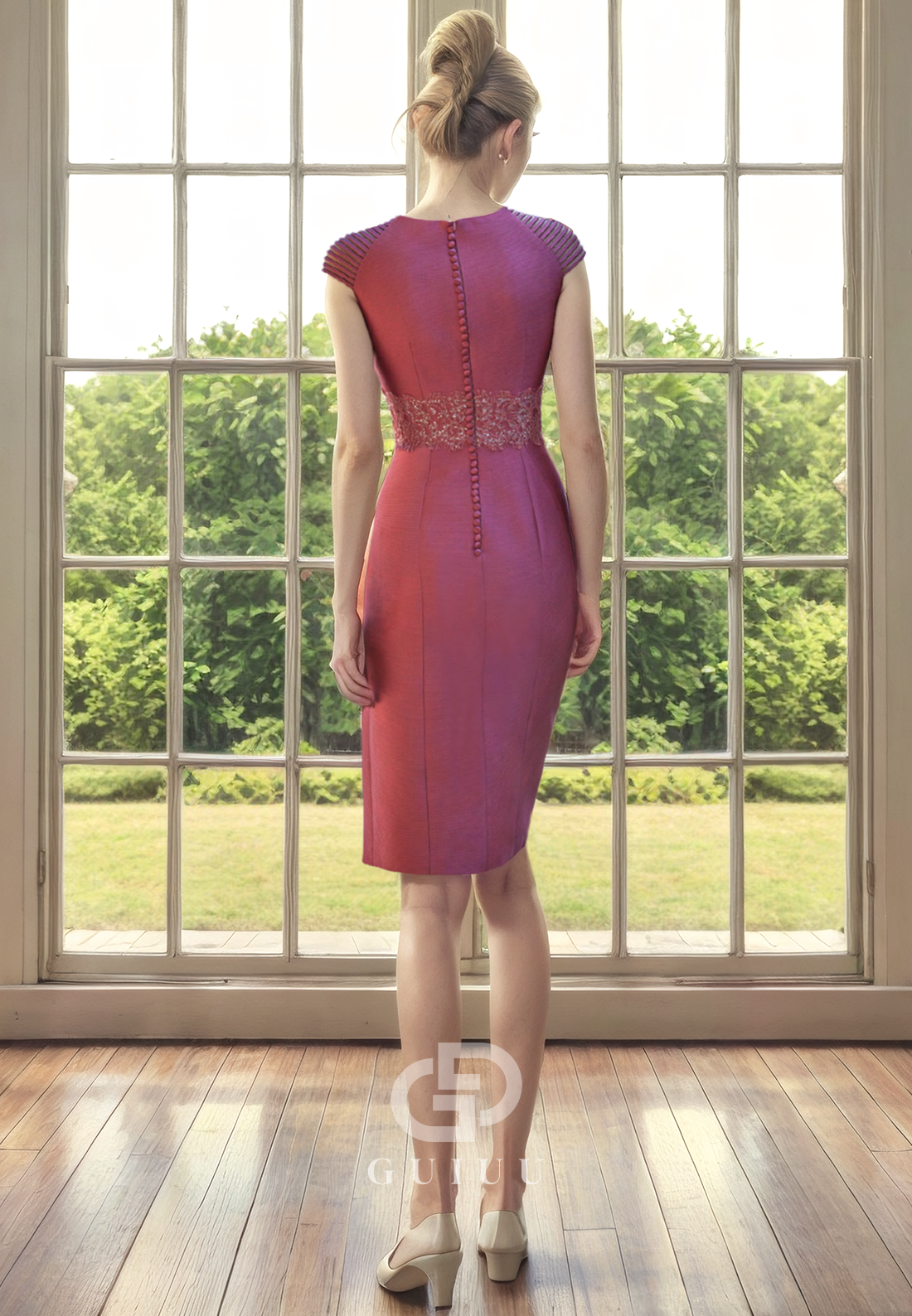 Shetah Scoop Neck Cap Sleeves Pleated Back Zipper Buttons Knee Length Mother of Bride Dress