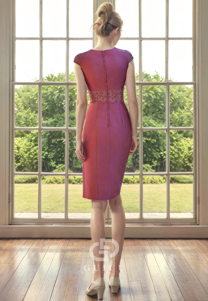 Shetah Scoop Neck Cap Sleeves Pleated Back Zipper Buttons Knee Length Mother of Bride Dress