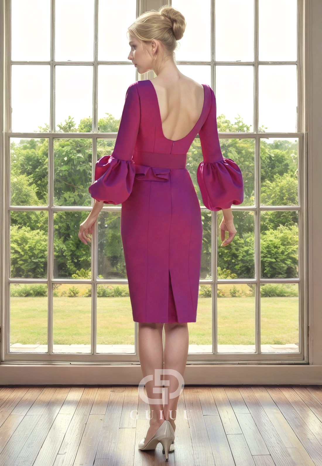 Sheath Low V Neck Half Lantern Sleeves Knee Length Back Zipper Mother of Brider Dress