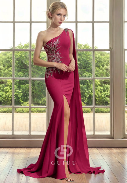 Mermaid One Shoulder Sleeveless Beaded Pleayed Mother of Bride Dress with Side Slit