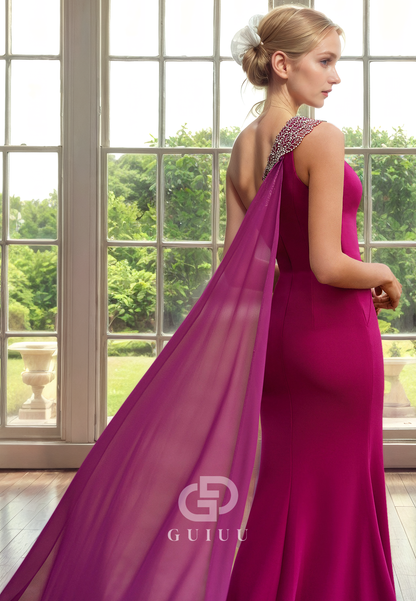 Sheath One Shoulder Sleeveless Beaded Back Zipper Mother of Bride Dress with Side Slit