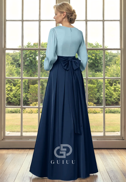 A-Line V Neck Long Sleeves Back Zipper Bow Knot Mother of Bride Dress with Slit