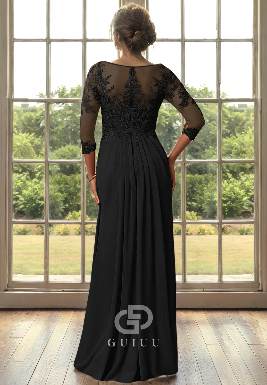 Sheath Scoop Neck 34 Length Sleeves Lace Ruffles Back Zipper Mother of Bride Dress