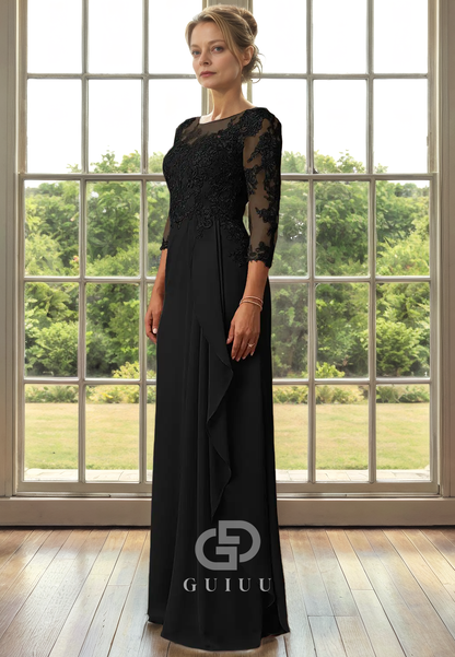 Sheath Scoop Neck 34 Length Sleeves Lace Ruffles Back Zipper Mother of Bride Dress