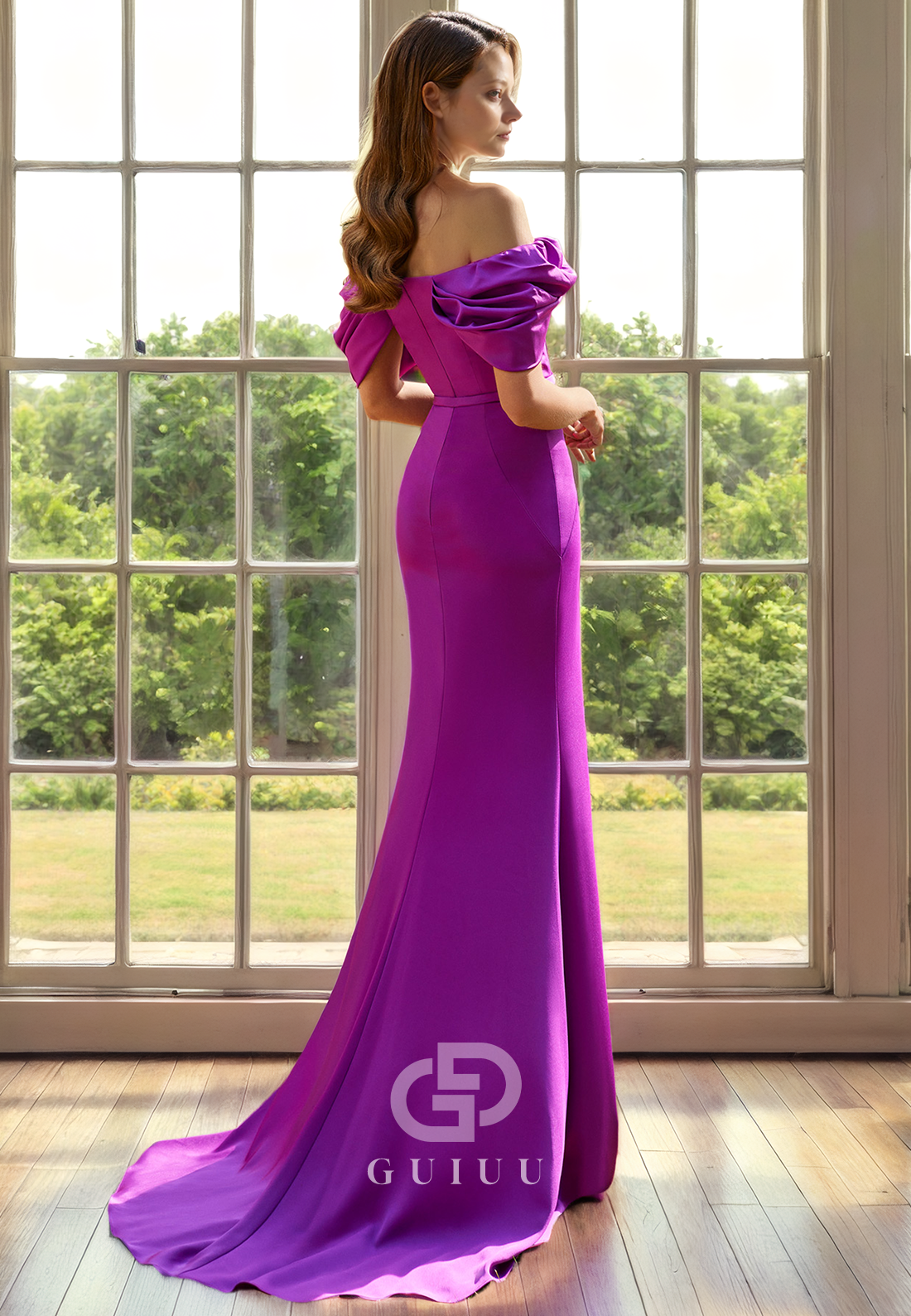 Sheath Off Shoulder Half Sleeves Pleated Back Zipper Mother of Bride Dress