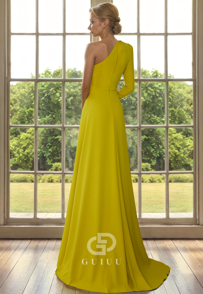 A-Line One Shoulder Long Sleeve Back Zipper Satin Mother of Bride Dress