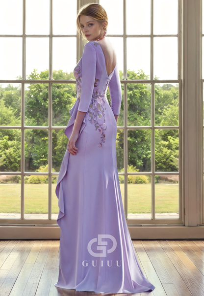 Sheath Scoop Neck 34 Length Sleeves Appliques Sequins Ruffles Mother of Bride Dress with Slit