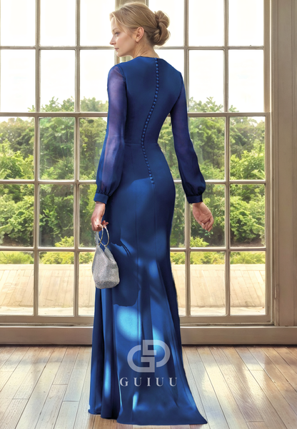 Sheath Scoop Neck Long Sleeves Pleatde Mother of Bride Dress with Slit