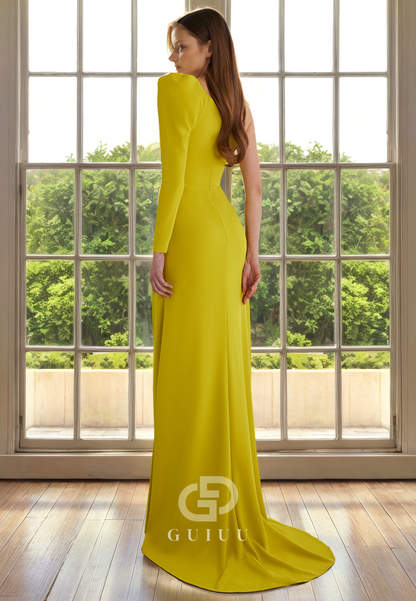 Sheath One Shoulder Long Sleeve Pleated Mother of Bride Dress with Slit