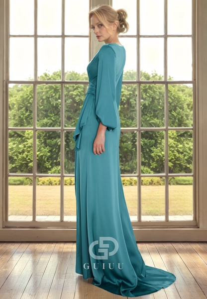 Sheath V Neck Long Sleeves Pleated Mother of Bride Dress with Slit