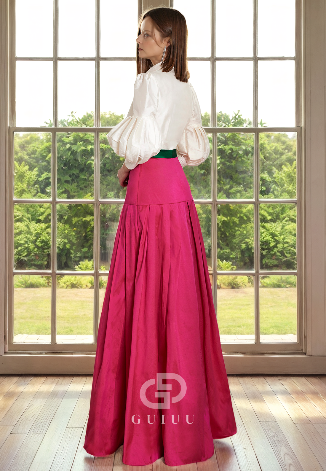 A-Line Long Lantern Sleeves Wedding Guest Mother of Bride Dress