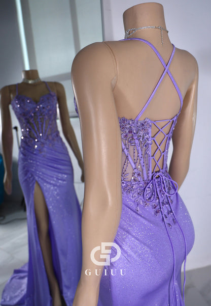 Lilac Spaghetti Straps Sweetheart Prom Dress with Slit Corset Party Dress