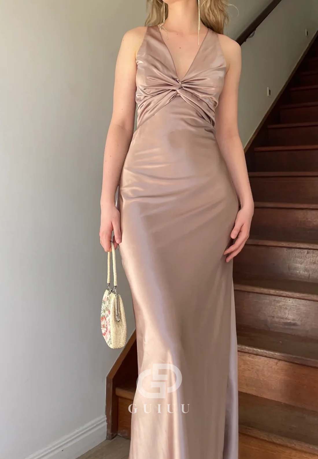Chic Sheath Halter Neck Long Party with Backless Bowknot Party Dress