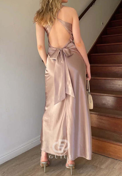 Chic Sheath Halter Neck Long Party with Backless Bowknot Party Dress