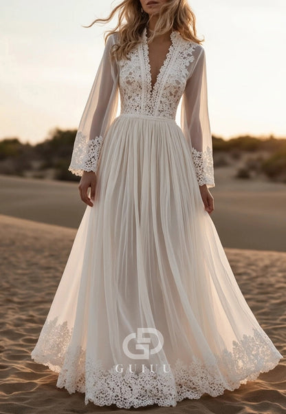 Bohemian Lace Dress White Deep V-Neck Wedding Dress