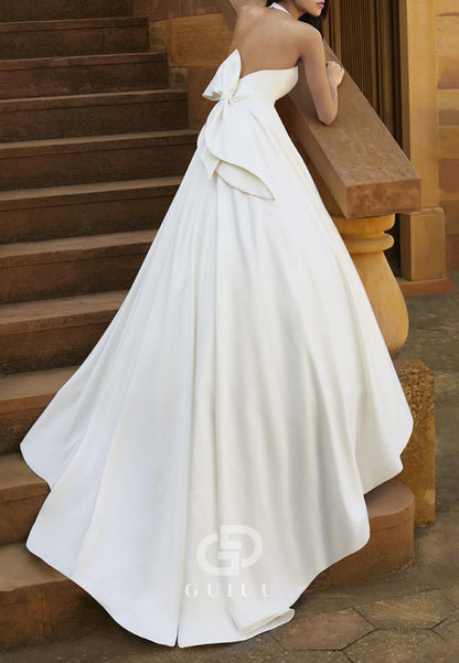 A-Line Sleeveless Scoop Corset Train Bowknot Wedding Dress