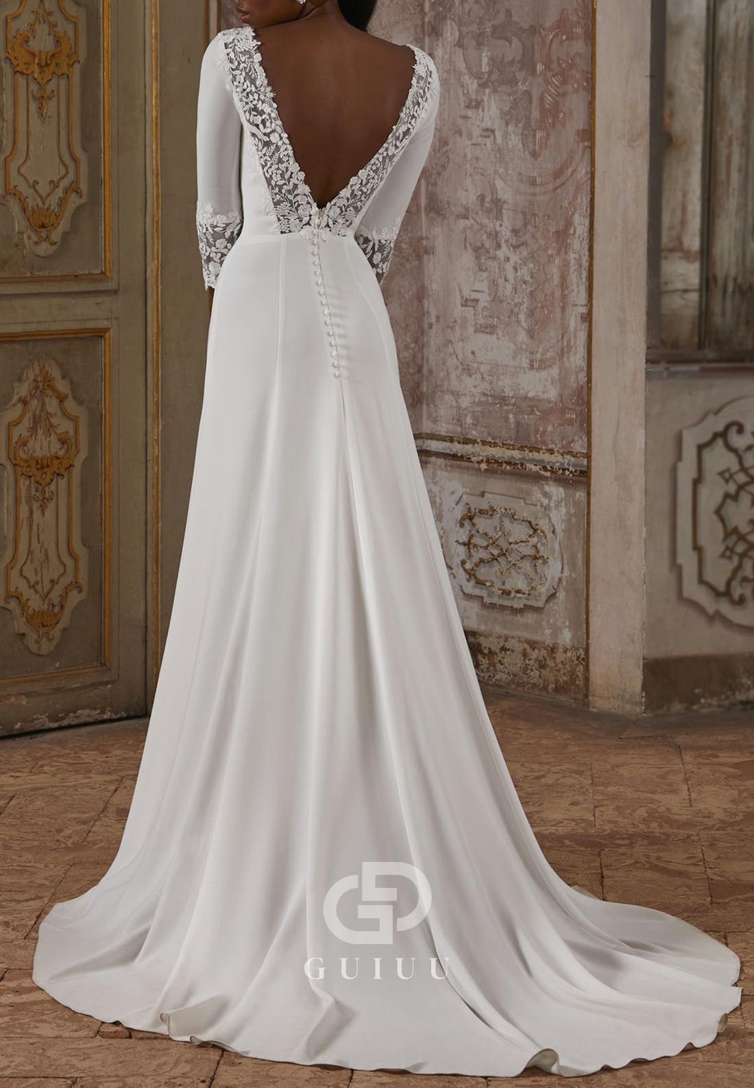 Long Sleeves V-Neck Half Sleeves Backless Chiffon Wedding Dress