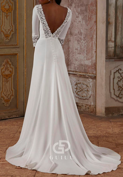 Long Sleeves V-Neck Half Sleeves Backless Chiffon Wedding Dress