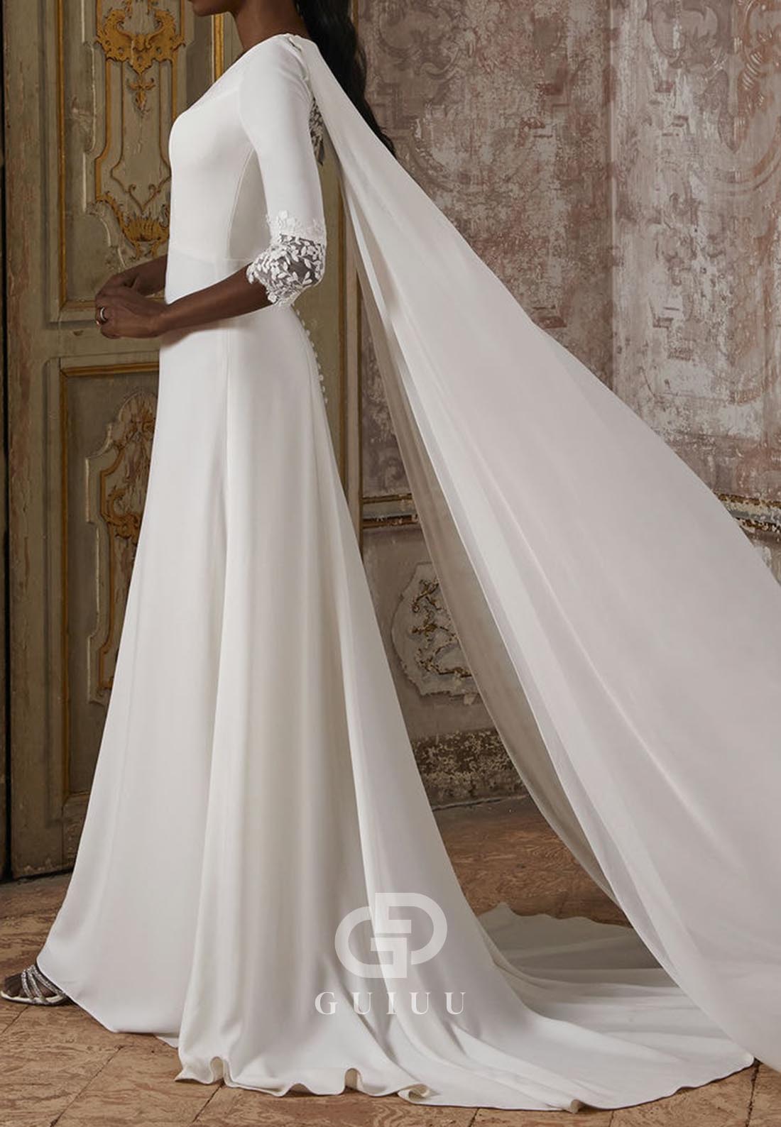 Long Sleeves V-Neck Half Sleeves Backless Chiffon Wedding Dress