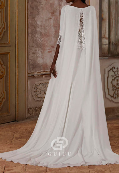 Long Sleeves V-Neck Half Sleeves Backless Chiffon Wedding Dress