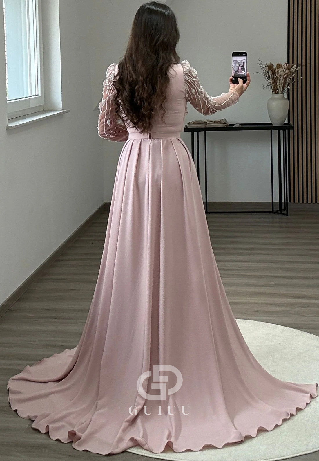 Blushing Pink Long Sleeves Scoop Sequins Ruched Prom Dress