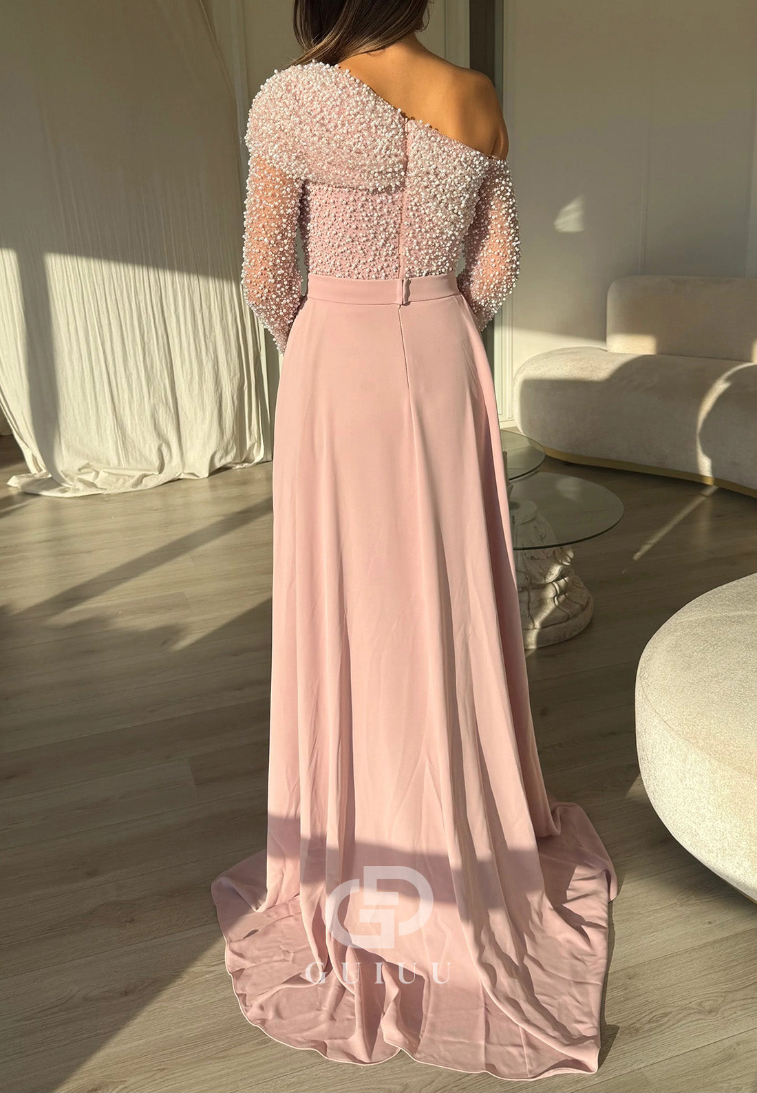 Blushing Pink Long Sleeves Sequins Sheath Evening Dress