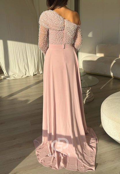 Blushing Pink Long Sleeves Sequins Sheath Evening Dress