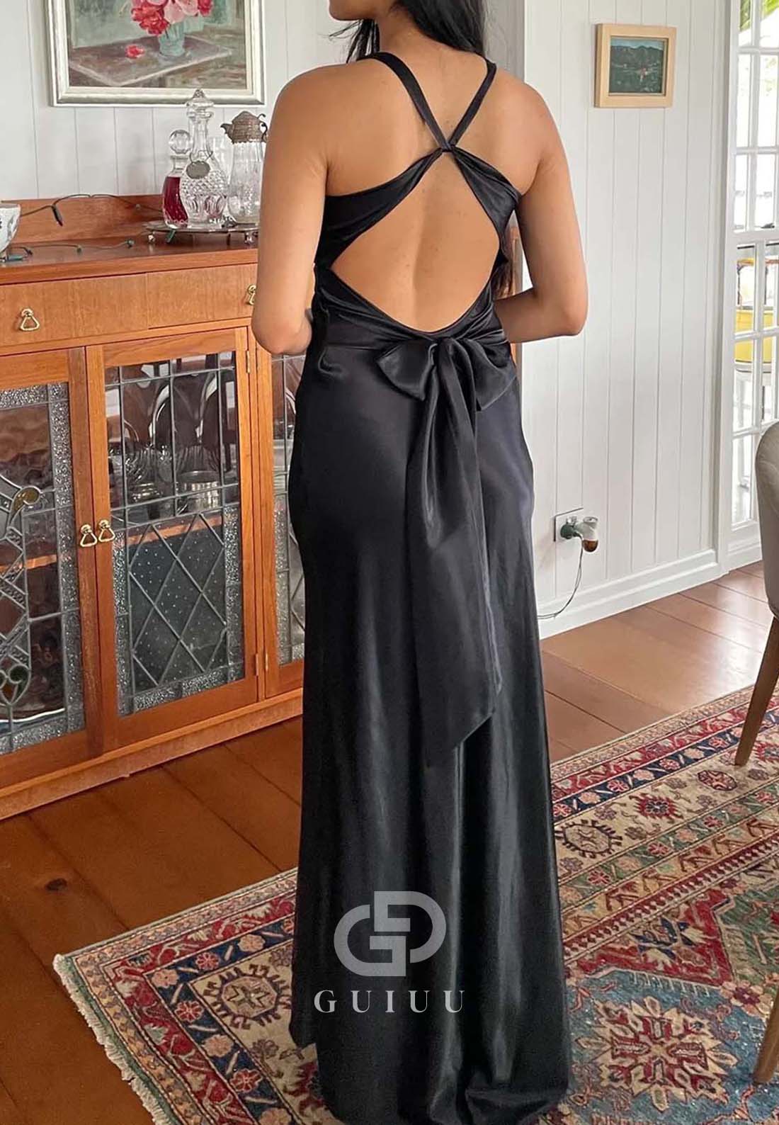 Chic Sheath Halter Neck Long Party with Backless Bowknot Party Dress