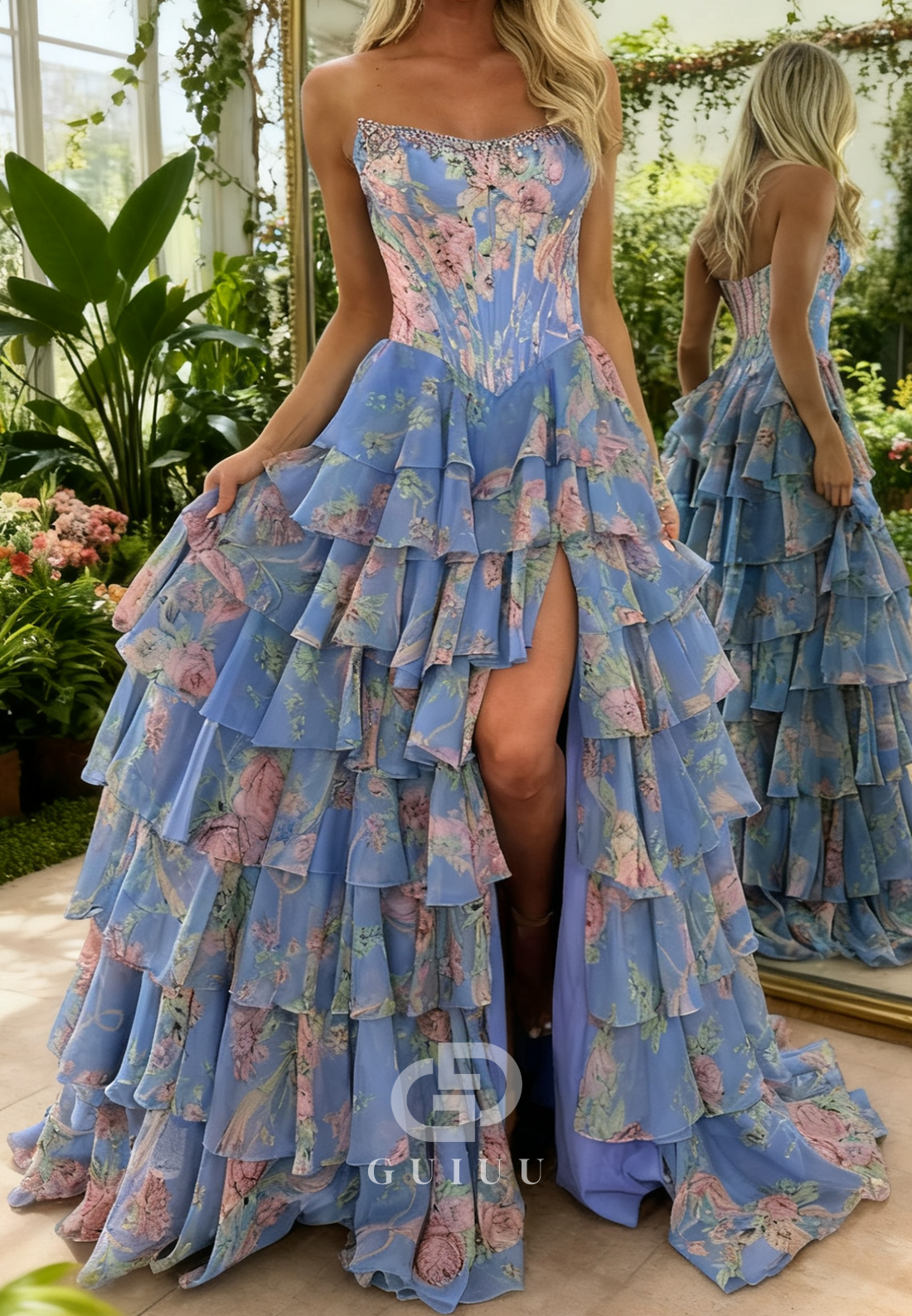 Charming A-Line Sleeveless Strapless Ruffles Slit Prom Dress