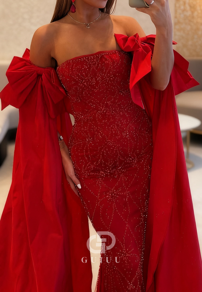 Red Cape Bowknot Sequins Sheath Prom Dress