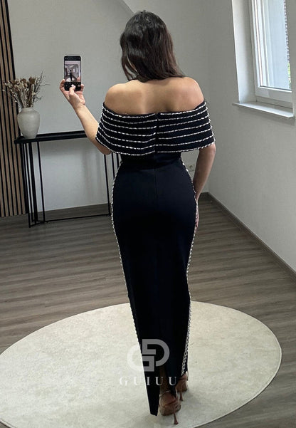 Elegant Off-Shoulder Prom Dress with Pearls Ruched Formal Dress