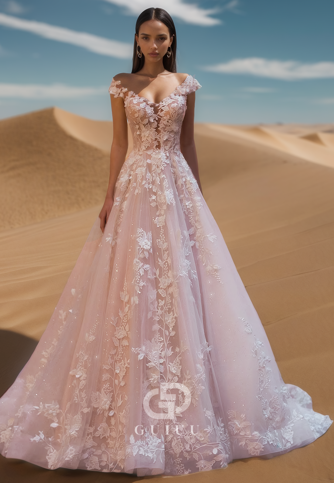 A-Line Cap Sleeves Floral Appliques Empire-Waist Lace Wedding Dress