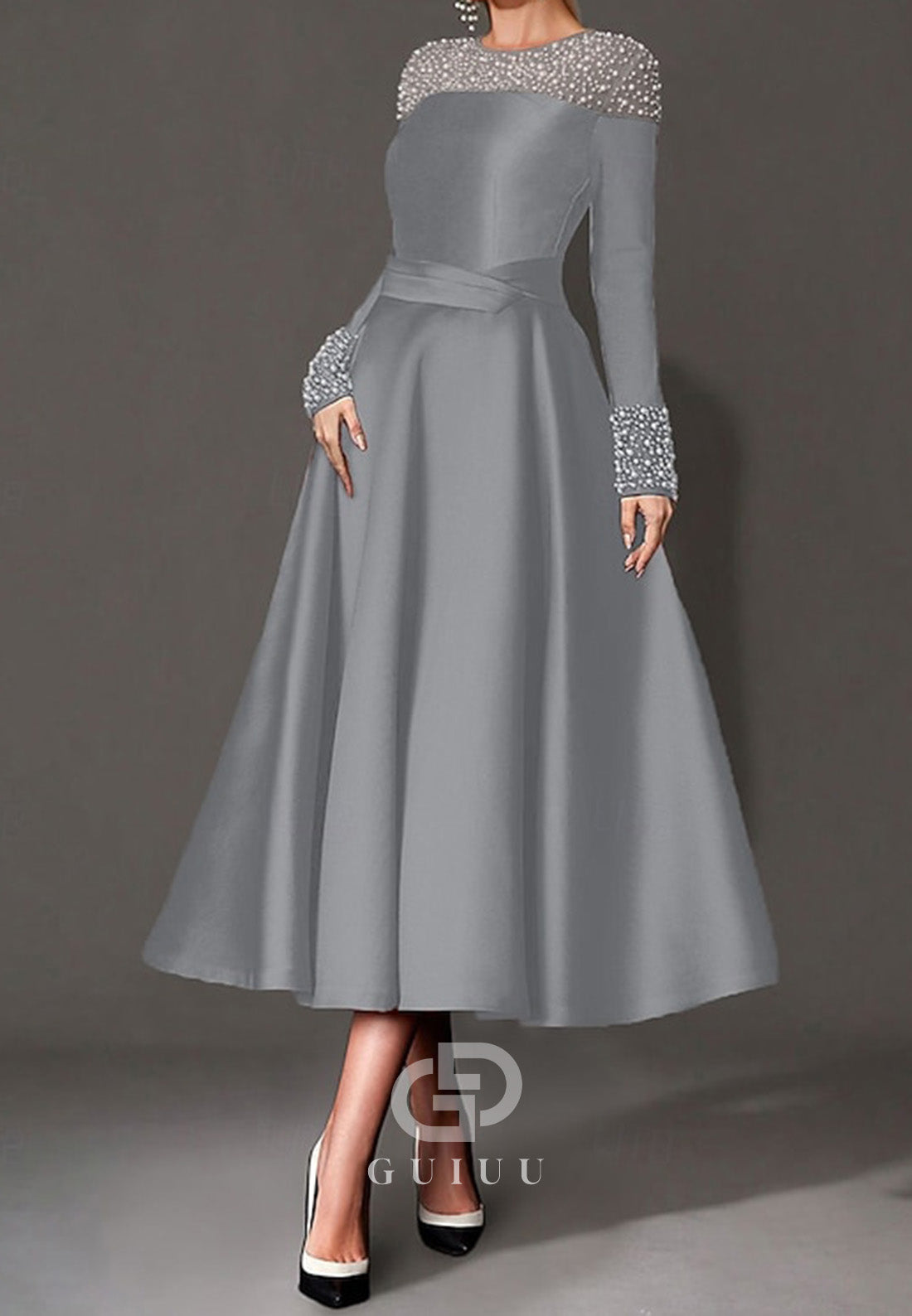Elegant Dress Formal Tea Length Long Sleeves Mother of the Bride Dress