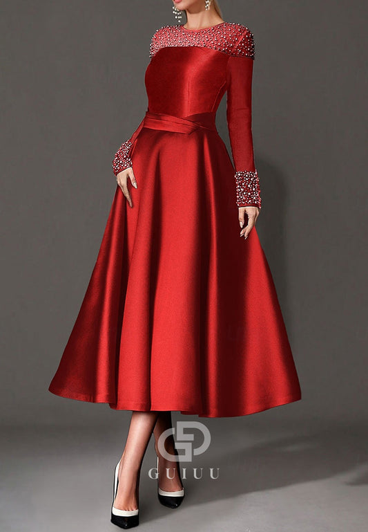 Elegant Dress Formal Tea Length Long Sleeves Mother of the Bride Dress