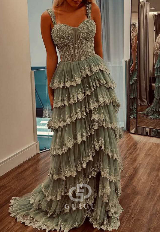A-Line Empire-Waist Straps Layered Appliques Sleeveless  Long Prom Dress