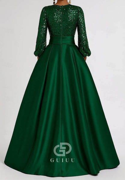 A-Line Floor Length Evening Gown Satin Sequined with Glitter Pleats Pocket