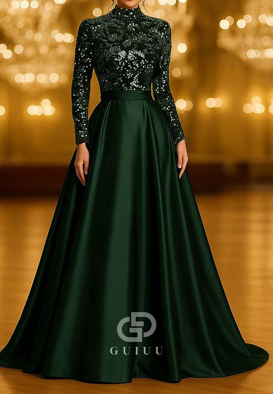 A-Line Evening Dress Long Sleeve High Neck Pocket Satin Velvet with Glitter