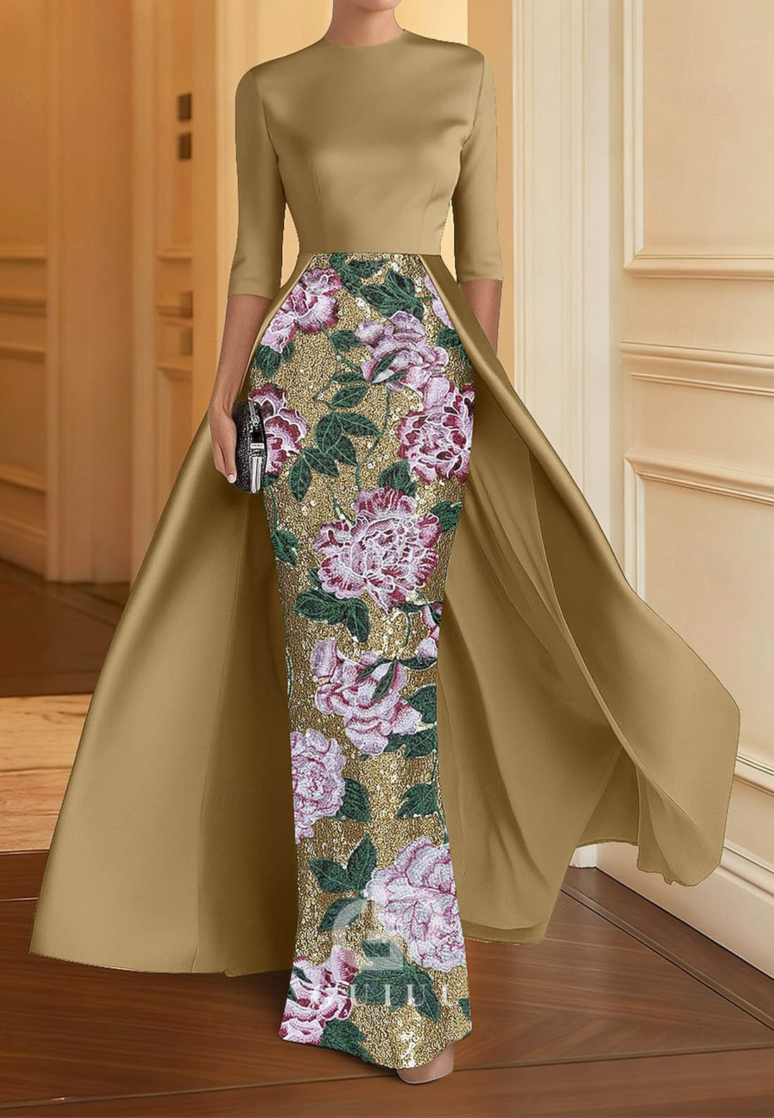 Elegant Sparkle Half Sleeve Crew Neck Formal Dress Satin Sequined with Slit