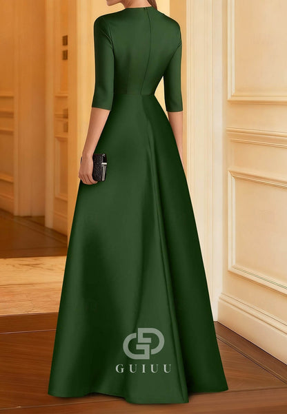 Elegant Sparkle Half Sleeve Crew Neck Formal Dress Satin Sequined with Slit