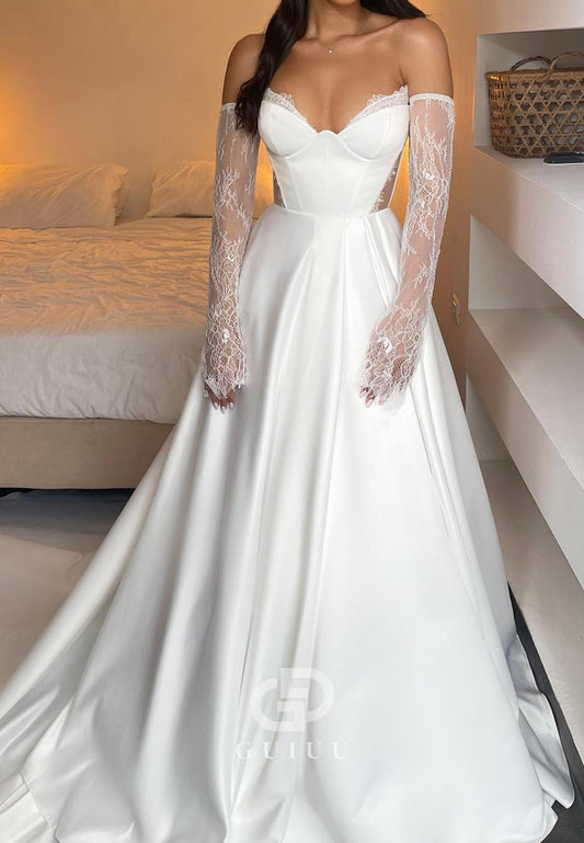 A-Line Half Sleeves Sweetheart Empire-Waist Wedding Dress