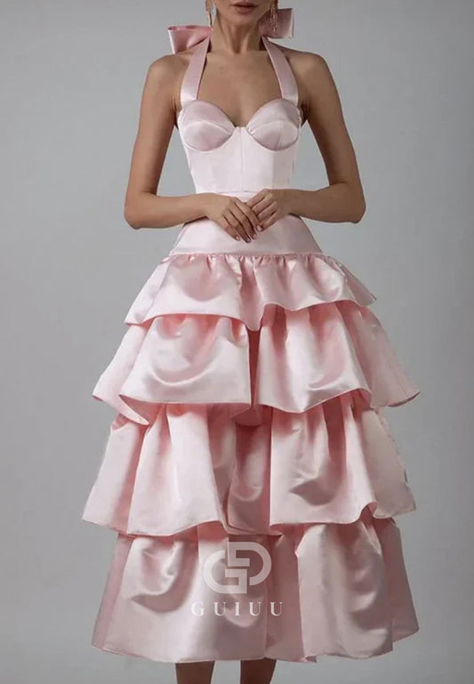 A-Line Halter Tiered Satin Empire-Waist Sleeveless Prom Dress with Bow