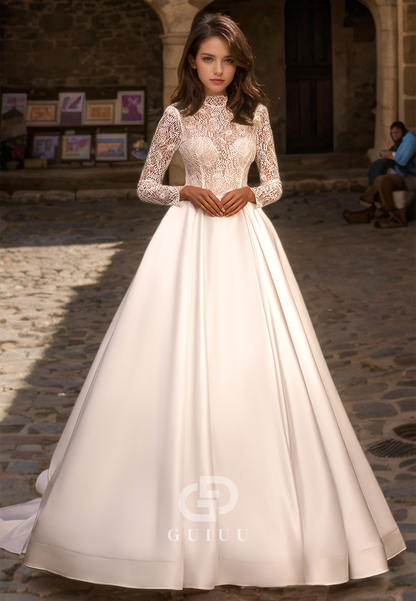 A-Line Lace Long Sleeves Wedding Dress with Buttons