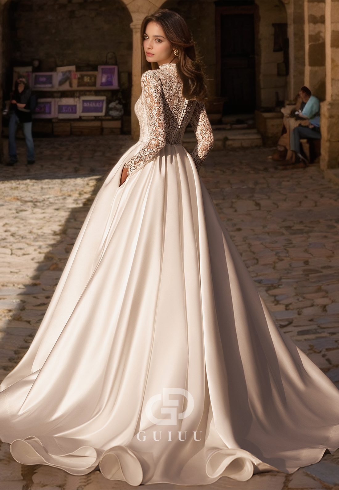 A-Line Lace Long Sleeves Wedding Dress with Buttons