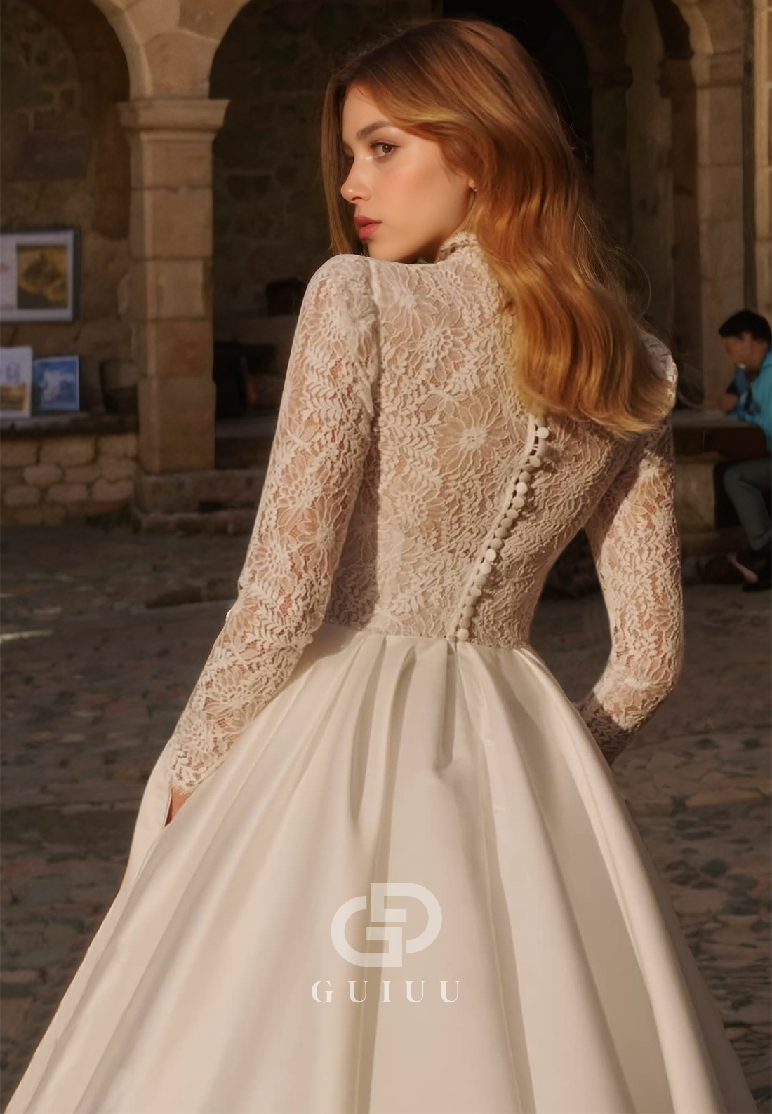 A-Line Lace Long Sleeves Wedding Dress with Buttons