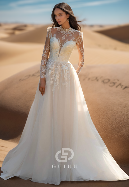 A-Line Long Sleeves High Neck Corset Tulle Lace Wedding Dress