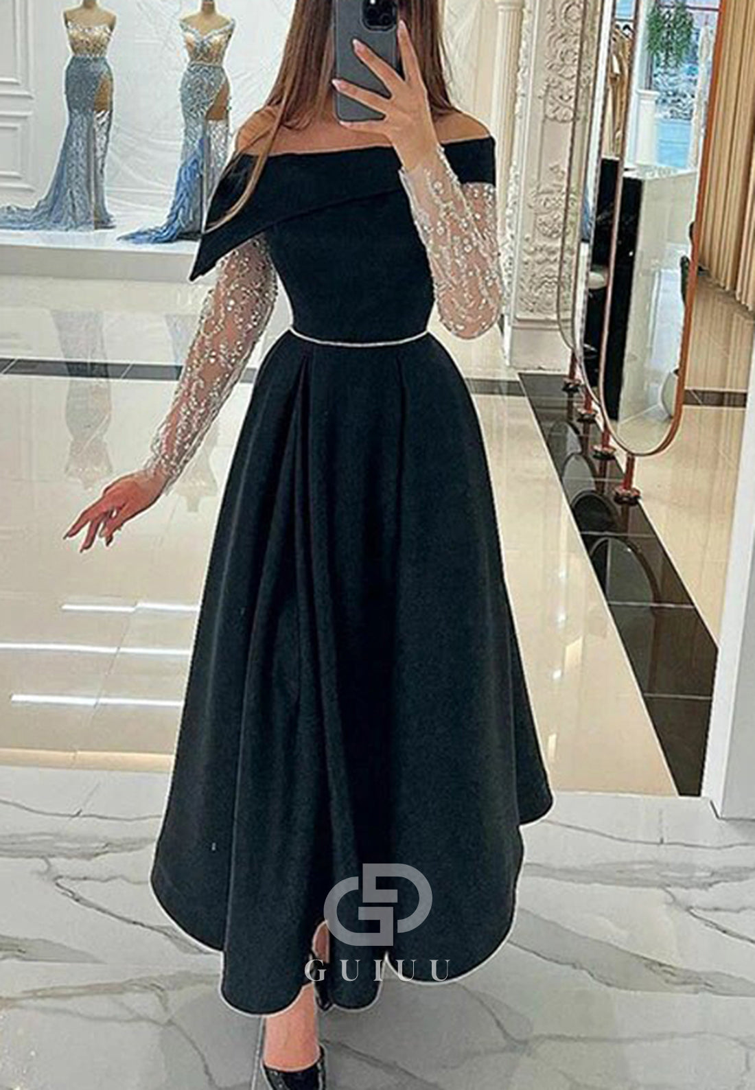 A-Line Long Sleeves Off-Shoulder Empire-Waist A-Line Prom Dress