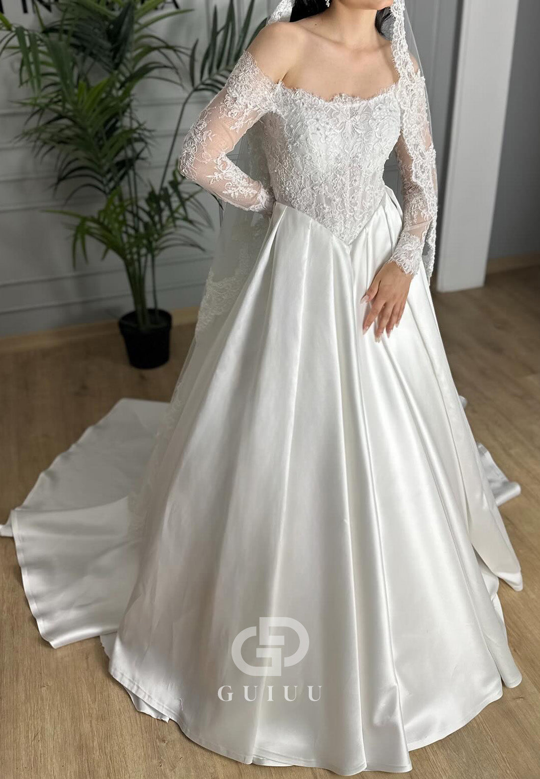 A-Line Long Sleeves Off-Shoulder Sweep Train Wedding Dress
