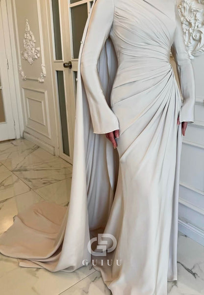 A-Line Long Sleeves Ruched Floor-Length Evening Dress