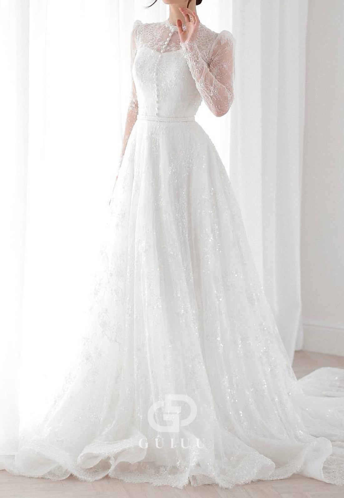 A-Line Long Sleeves Scoop Corset Lace Wedding Dress