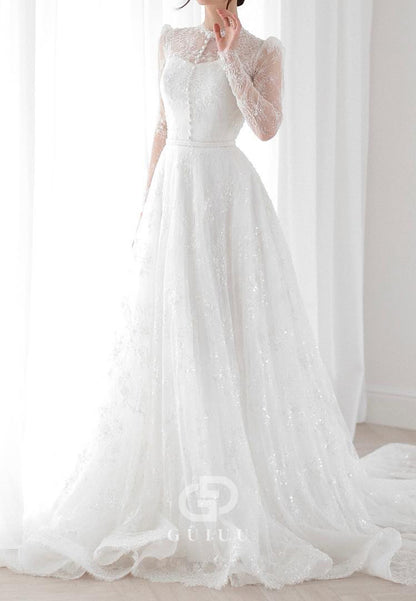 A-Line Long Sleeves Scoop Corset Lace Wedding Dress